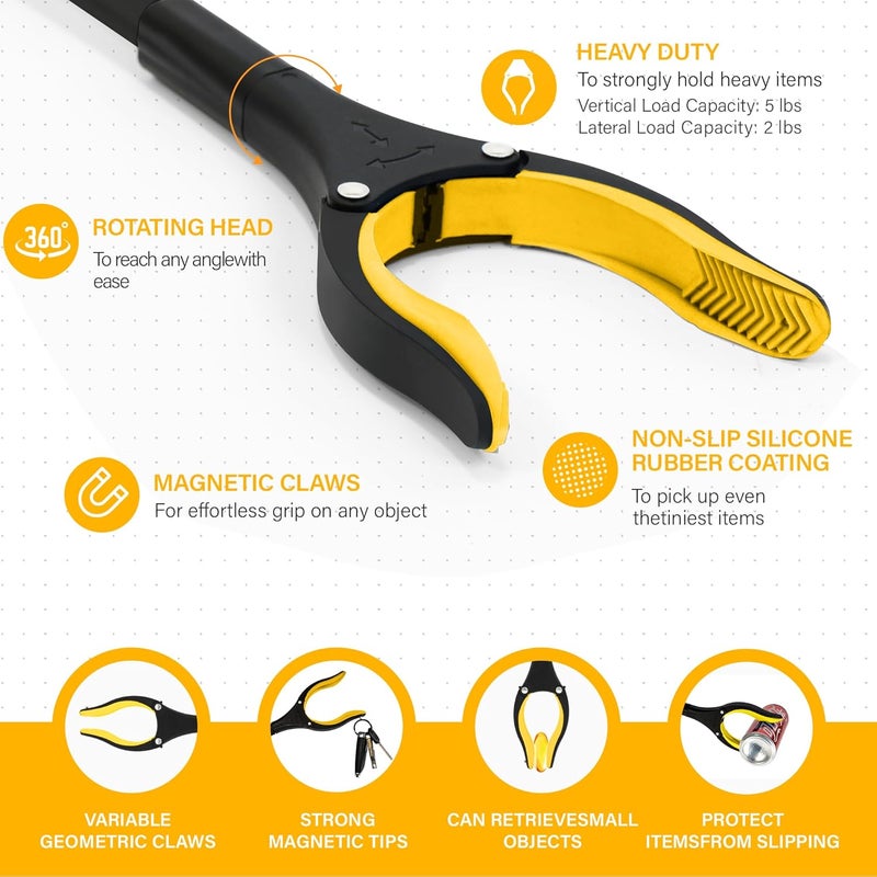 GrabRunner 32 inch Folding Reacher Grabber Tool with Strong Magnetic and Swivel Head & Shoehorn (Yellow) - Image 2